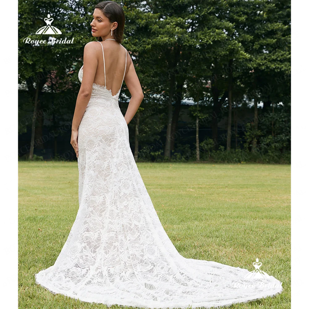 Roycebridal-vestido de novia de sirena con cuello en V, traje de encaje con cola de la capilla, elegante, 2025