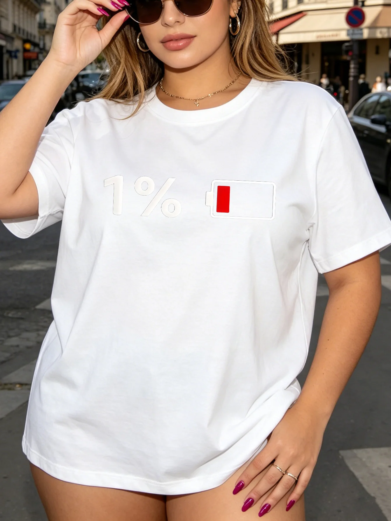 Women Crew Neck Tee 1 Percent Low Battery Graphic Print Short Sleeve Loose Ladies Summer Soft Cotton Plus Size Casual Street Top