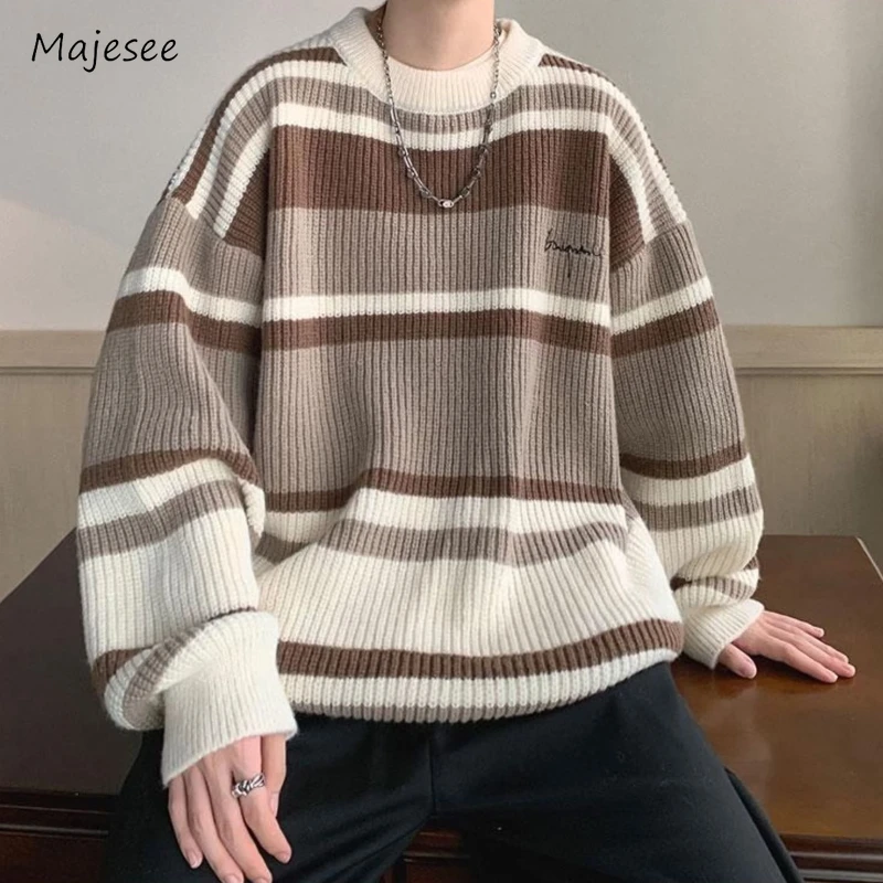 

Mens Sweaters Soft Youthful All-match Korean Style Striped Pleated Round Neck Popular Autumn Winter Classic Knitwear Pullovers