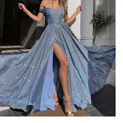 New Shiny Luxury Blue Maxi Dresses Off Shoulder Wrapped Strapless Split Gown Elegant Long Evening Formal Dresses For Women 2022