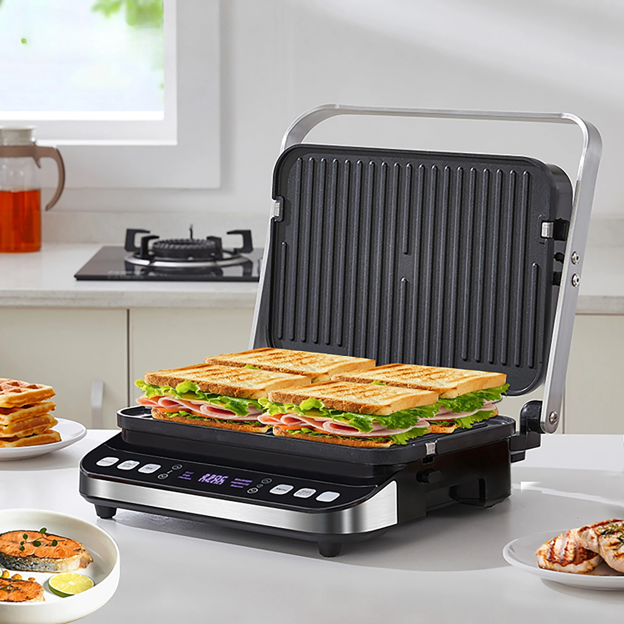 

2000W 6-in-1 Electric Grills for Barbecue, Digital Griddle, Sandwich and Panini Press, Optional Waffle Maker Plates