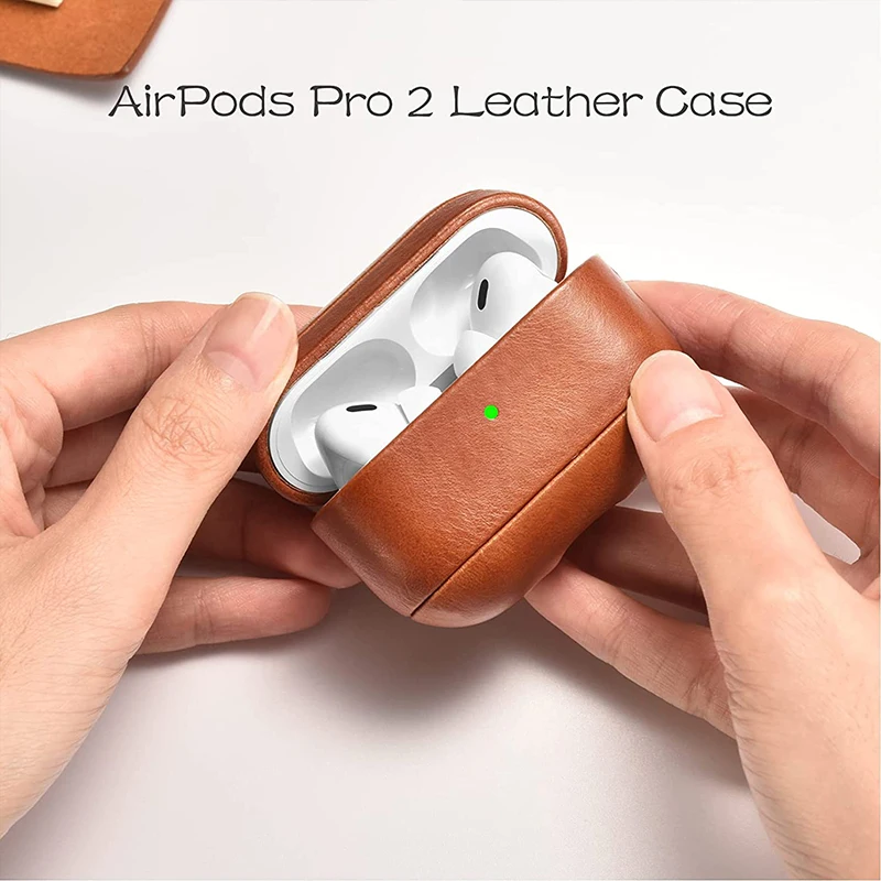 Genuine Leather Cover For AirPods Pro 2 Case Luxury Retro Leather Protective Case for AirPods Pro 2nd Generation Brown Color