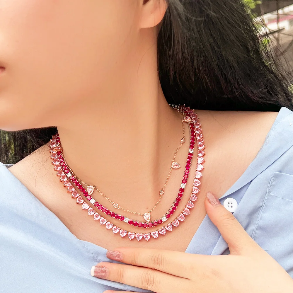 CWWZircons Real 5A Fuchsia Red Cubic Zirconia Shiny Round CZ Tennis Chain Link Necklace for Women Summer Party Jewelry CP116