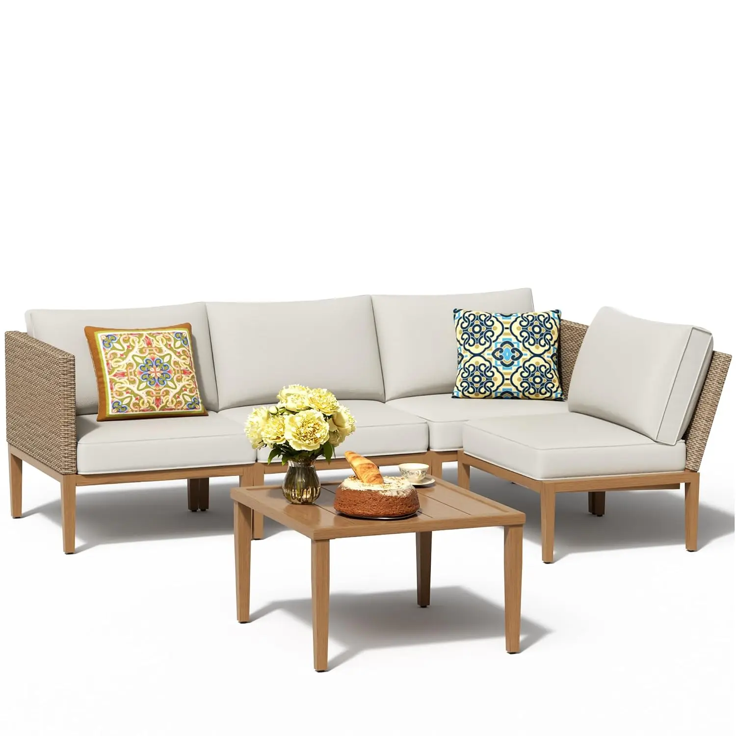 Wicker Patio Sectional Sofa Set, All Weather Rattan Outdoor Set With Metal Table & 5