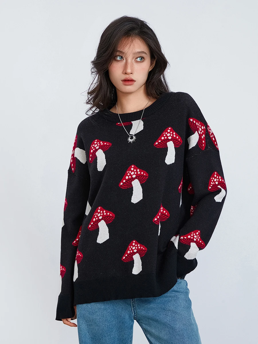 wsevypo Mushroom Print Loose Knit Sweaters Fall Winter Women\'s Casual Pullovers Street Basic Long Sleeve Crewneck Jumpers