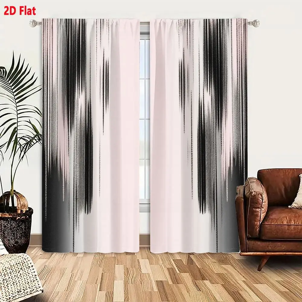 2Pcs Curtains 2D Flat Abstract Vertical Lines Pattern Modern Minimalist Artwork With Black To Light Shades Transition And Soft P