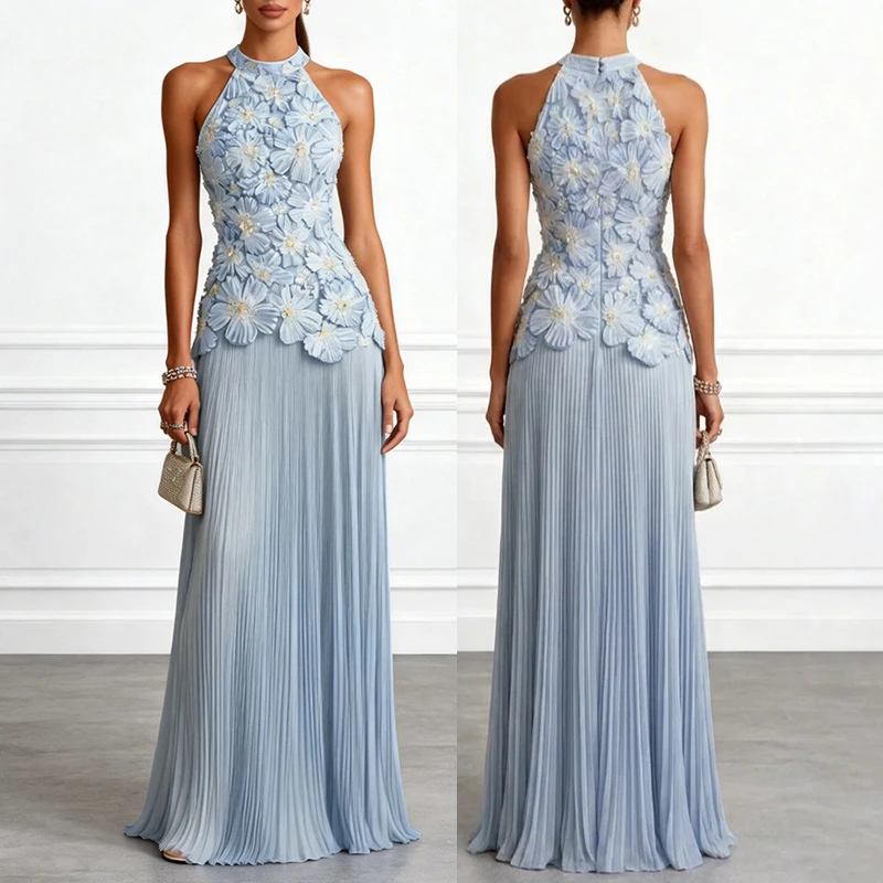 Women's Halter-neck Sleeveless Pleated Dress With Embosses Floral Design Luxury And Elegant Long Evening Party Dress 2026 New