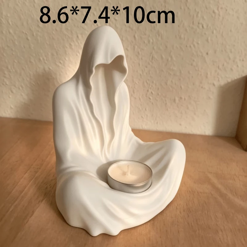 3D Printed Faceless Cloaked Tealight Holder White Gothic Figurine Halloween Table Decor Spooky Holiday Candle Decor