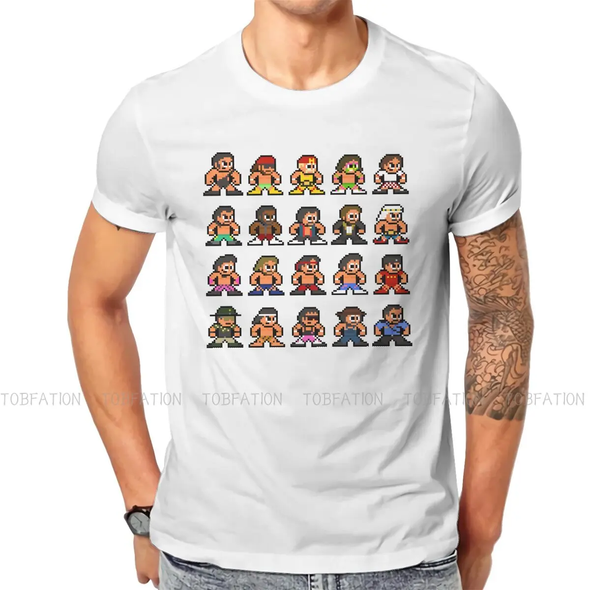 80s WWF 8 Bit Pixel Art  Newest TShirts Wrestling Men Harajuku Fabric Streetwear T Shirt Round Neck Big Size