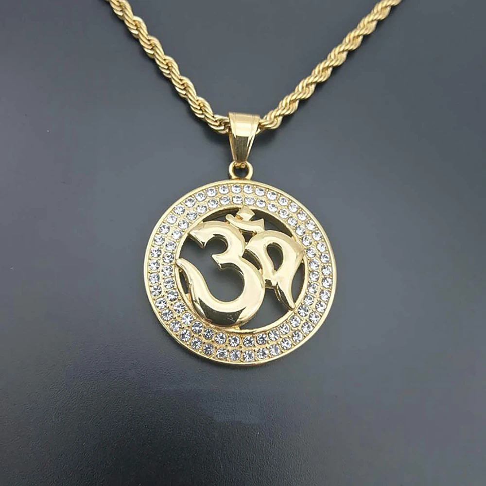 Hip Hop Iced Out Yoga Pendant Necklaces Gold Color Stainless Steel OHM Hindu Buddhist AUM OM Necklace For Men Women Jewelry Gift