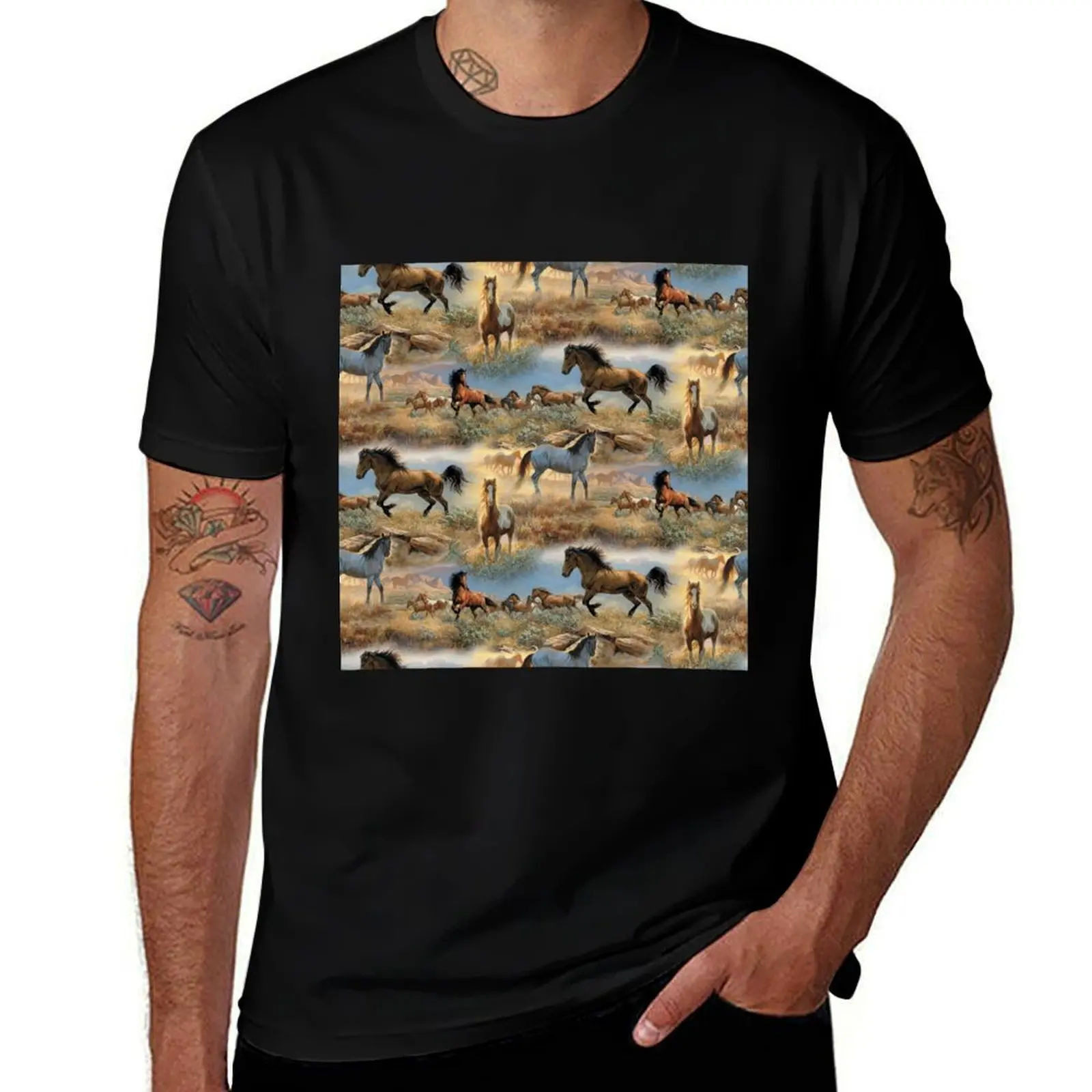 

Horses in the Prairie Pattern T-Shirt men t shirt cotton 100% man t shirt designer t shirt for man 100 percent cotton T-Shirt