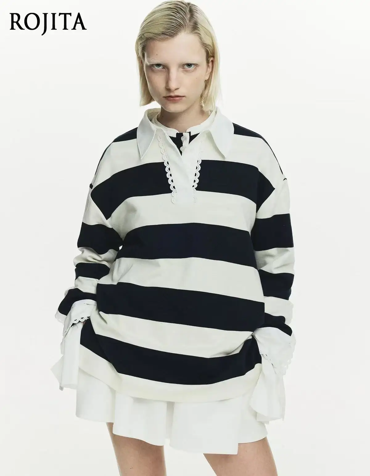 Japanese Lace Polo Collar Striped Top Loose Navy Blue Mid-Length Long Sleeve T-Shirt Womens Tops Spring Autumn