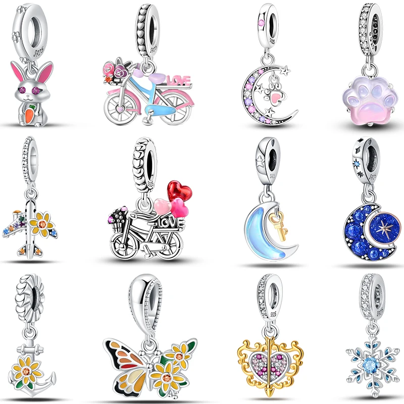 100% 925 Sterling Silver Star Moon Bicycle Cute Pet Butterfly Flower Charms Beads Fit Pan Original Bracelets DIY Jewelry