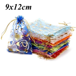100 stks/partij 9x12 cm Gemengde Willekeurige Goud Trekkoord Organza Zakjes Sieraden Verpakking Zakken Snoep Bruiloft Zakken Groothandel Geschenken zakjes