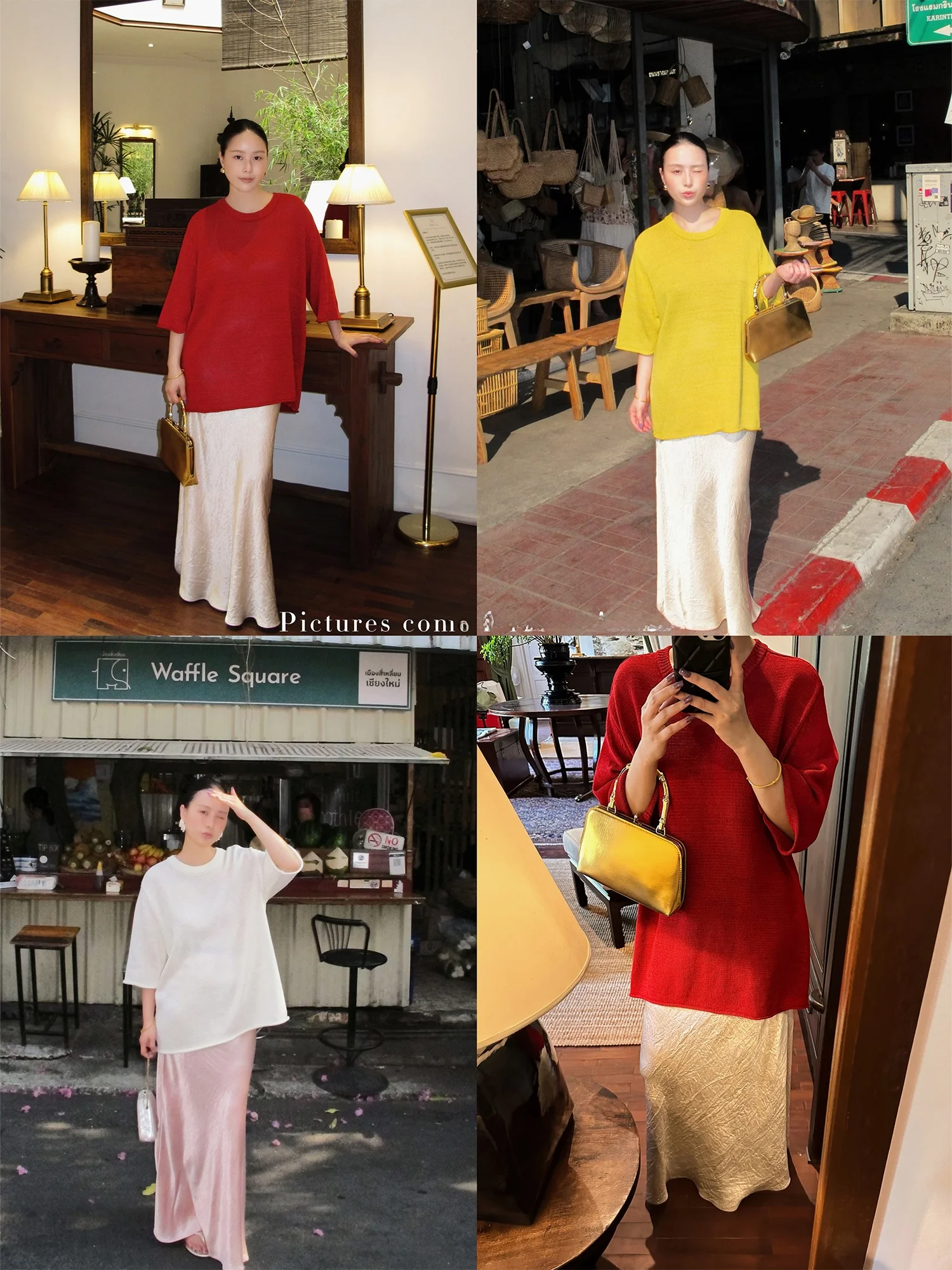 

Versatile Loose Knitted round Neck Top Women's Fashion Retro Style Comfortable Fit Basic Color Block Short Sleeve T-Shirt
