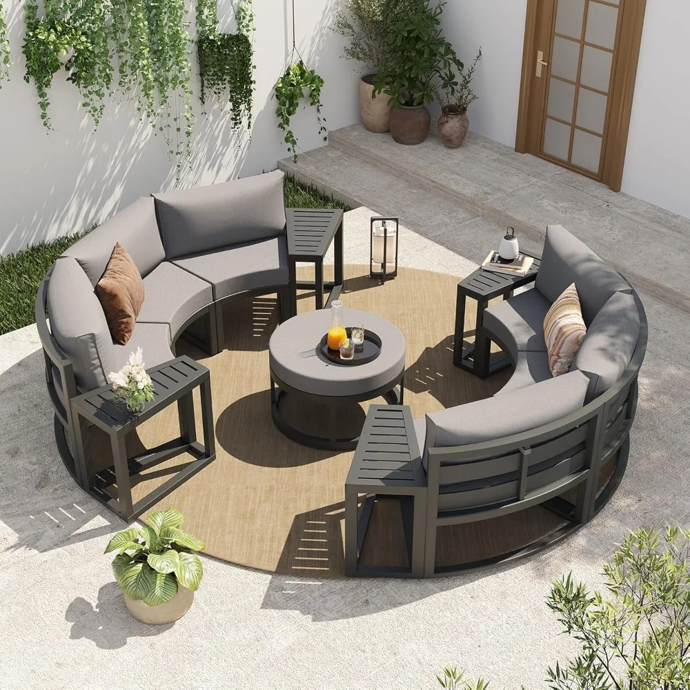 

Outdoor Patio Furniture Set Aluminum 11-Piece Half-Moon Sectional Set with Round Coffee Table, Curved Outdoor Sofa for Garden