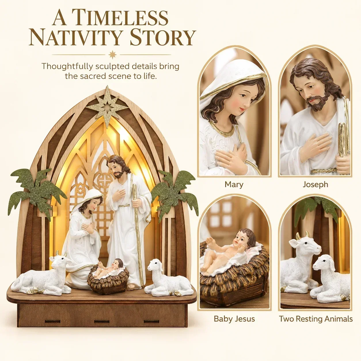 Hodao Lighted Nativity Set, Resin Holy Family Figurines with Wooden Chapel Backdrop, Bethlehem Star, Christmas Mantel Decoration