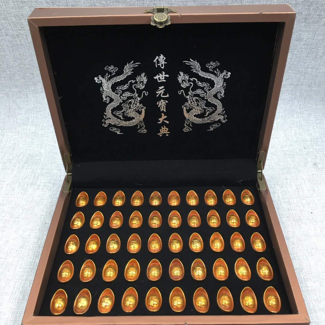 Set of 50 Vintage Gold Plated White Copper Ingots Chinese Yuanbao w/Beautiful Box Collection & Film TV Props