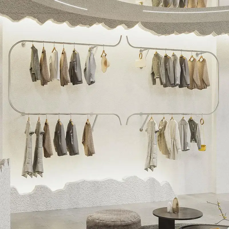 Clothing store clothes rack creative double-layer stainless steel silver hanger women's clothing rack display rack wall display