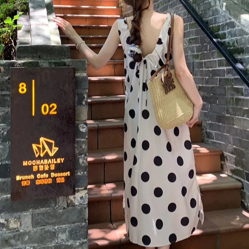 Dresses Women Loose Fit Vintage Polka-dot Backless Design Temper A-line Korean Fashion Summer Sleeveless Vestidos Popular Sexy