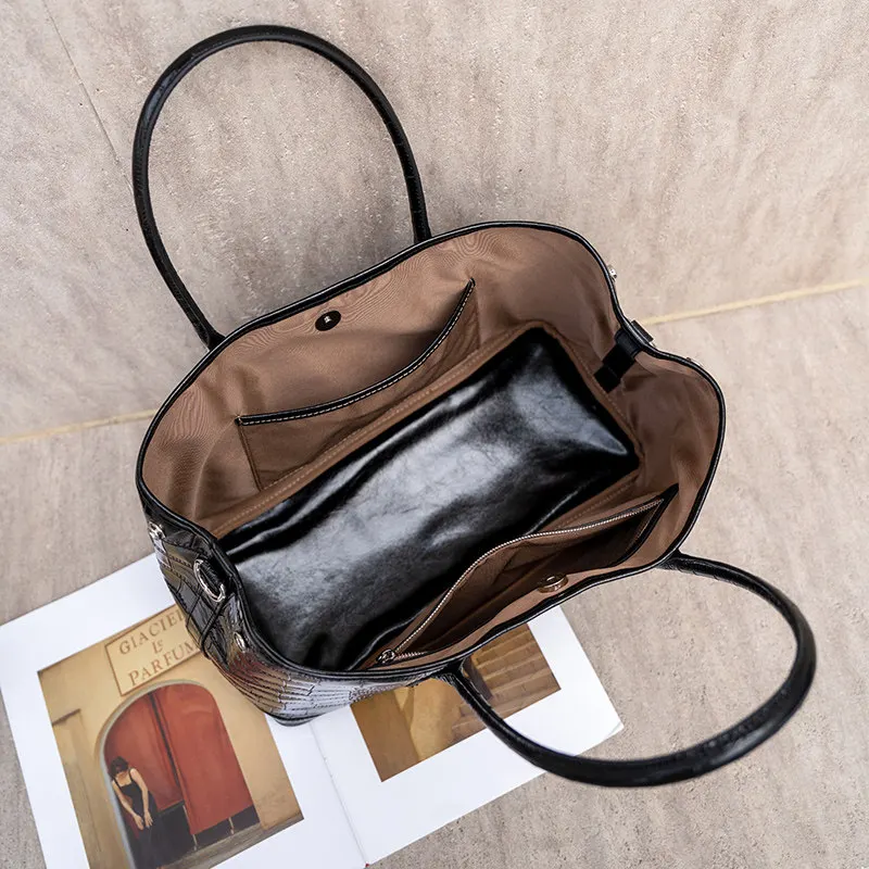Bolso de mano Aidrani para mujer con estampado de piel de cocodrilo, bolso de cuero de vaca genuino con asa superior, bolso de diseño para llevar al hombro, ideal para el trabajo, la oficina, fiestas y el uso diario.