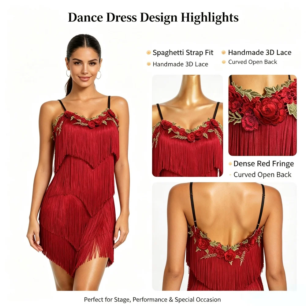 Adult Women Fringed Latin Dance Costume Sleeveless Spaghetti Strap Red Dress for Rumba Salsa Cha Cha Practice and Performance