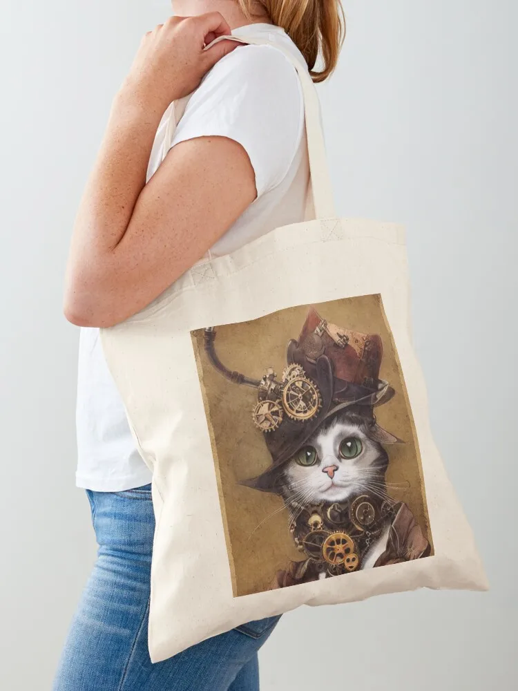Fancy Steampunk Cat Tote Bag university shopper bag Women's bags tote bag screen cute tote