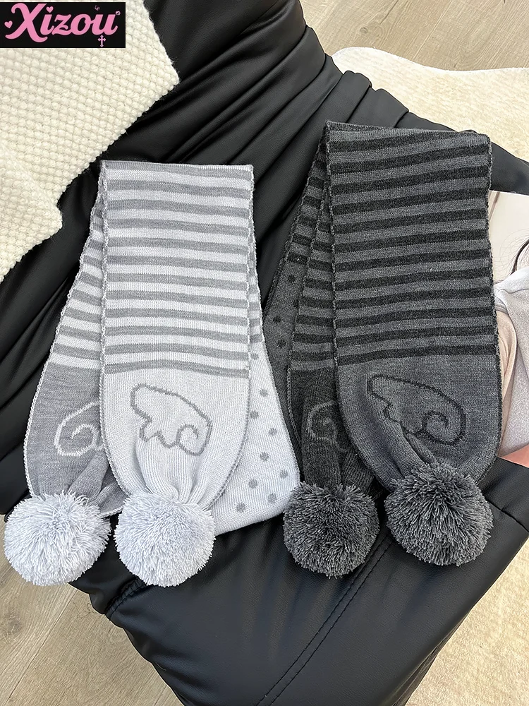 

Японский студенческий вязаный шарф в полоску в горошек, женский вязаный шарф, новинка 2025, осенне-зимний теплый женский шарф Y2k Tide