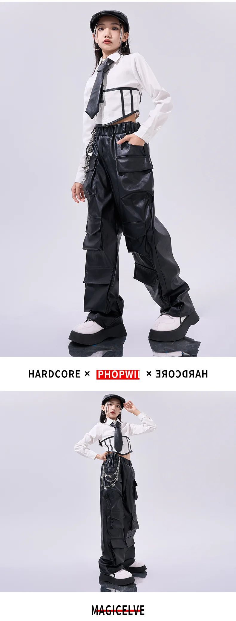 Mädchen Hip Hop Crop Top Pu Leder Cargo Hosen Kind Schuluniform Kostüme Kinder Streetwear Jazz K-pop Street Dance kleidung Sets – Detail 7
