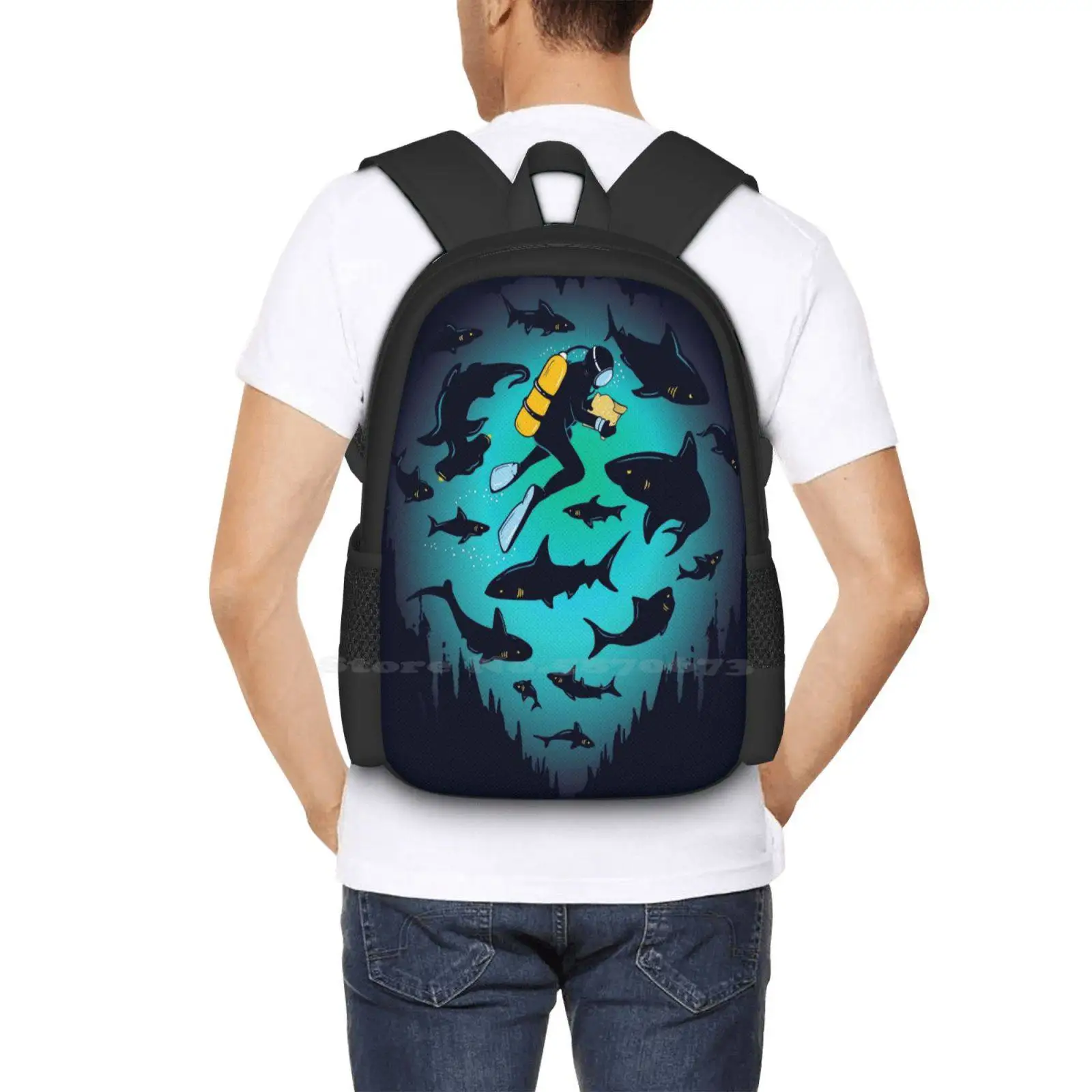 Screwed | Funny Shark And Diver Illustration Pattern Design Bag Student'S Backpack Scuba Diver Shark Underwater Ocean Deep Sea