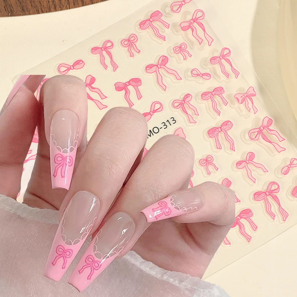 Pink Bow Ribbons Nail Sticker 3D White Bow Tie Self-Adhesive Girls Ladies Nails Art Slider DIY Manicure Decoration Decals Design