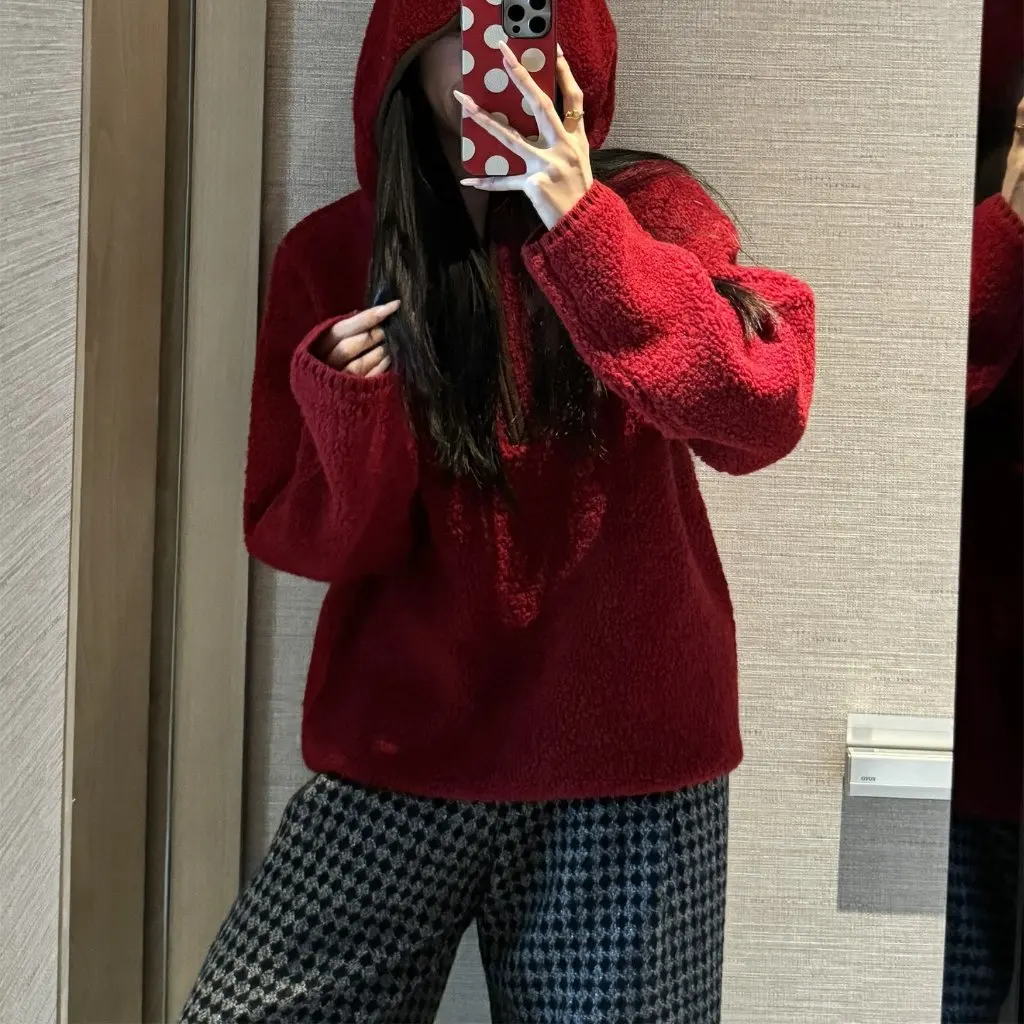 

Women's Loop Wool Hooded Knitwear Half Zip Sweater Lamb Wool Coat Autumn Winter Hoodie G010703