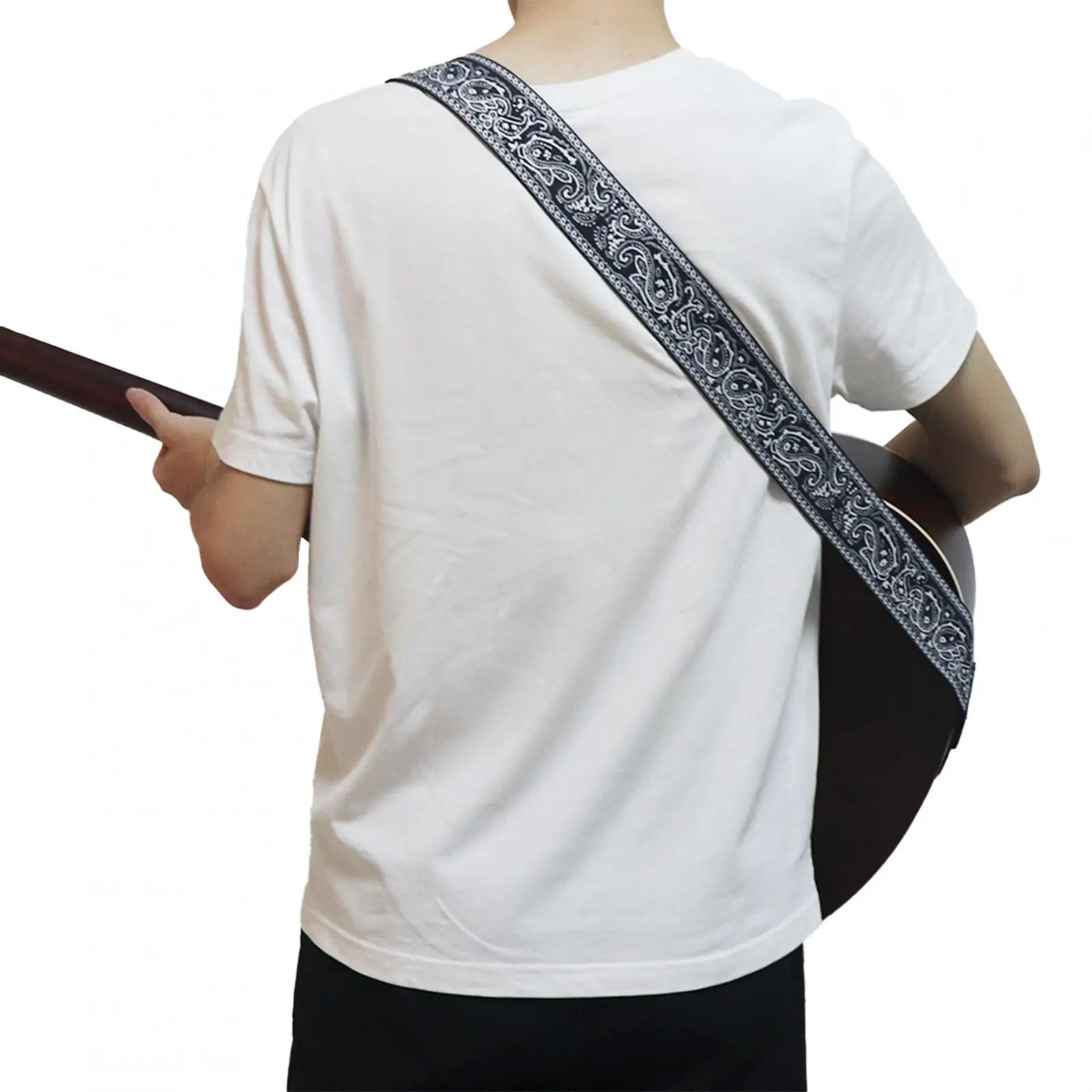 Gitarrengurt im bestickten Stil aus PU-Leder mit Plektrum-Schlitz, verstellbarer Gitarrengurt für akustische E-Gitarre und Bass – Detail 12