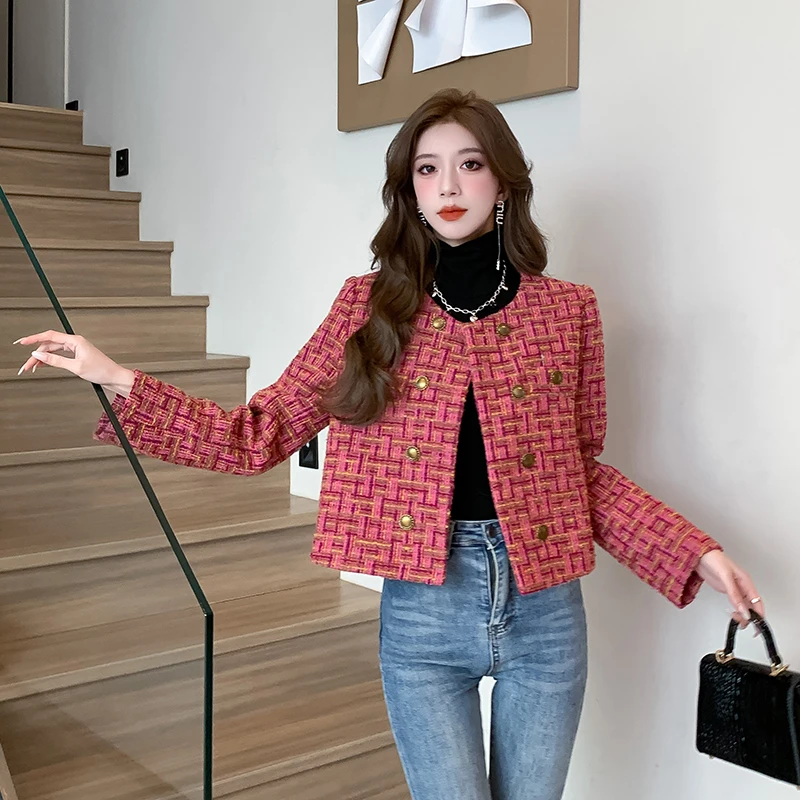 High Quality Elegant Weave Plaid Tweed Jacket Coat Women Blazer Autumn Winter Causal Office Ladies Fashion Suit Jacket