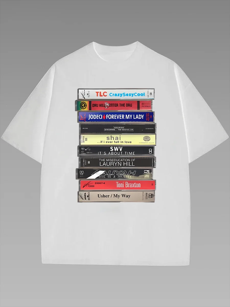 プラスサイズのレトロ R&B カセット グラフィック T シャツ、ブラック半袖、クラシック アルバム テープ付き
