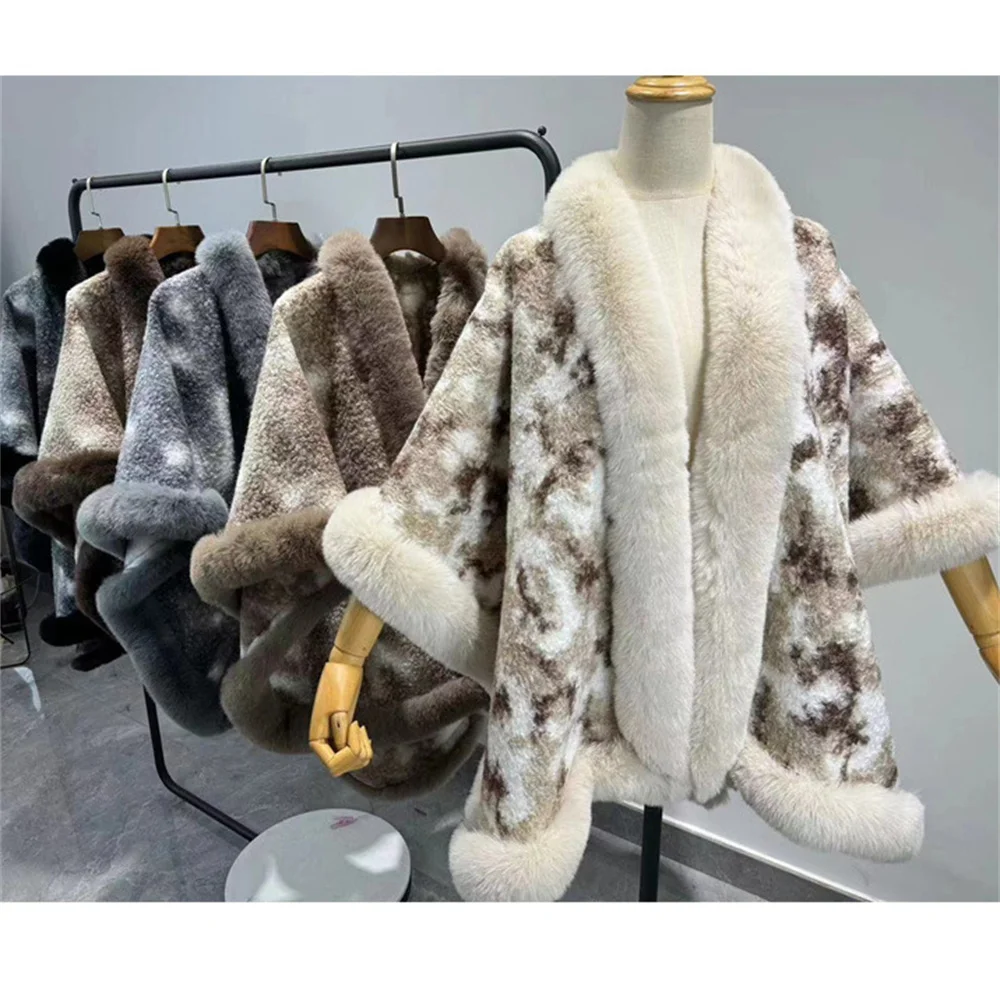 2024 Winter Women Long Faux Fur Collar Granular Velvet Poncho Cape Thick Cardigan Overcoat Loose Shawl Cloak Bat Type Streetwear