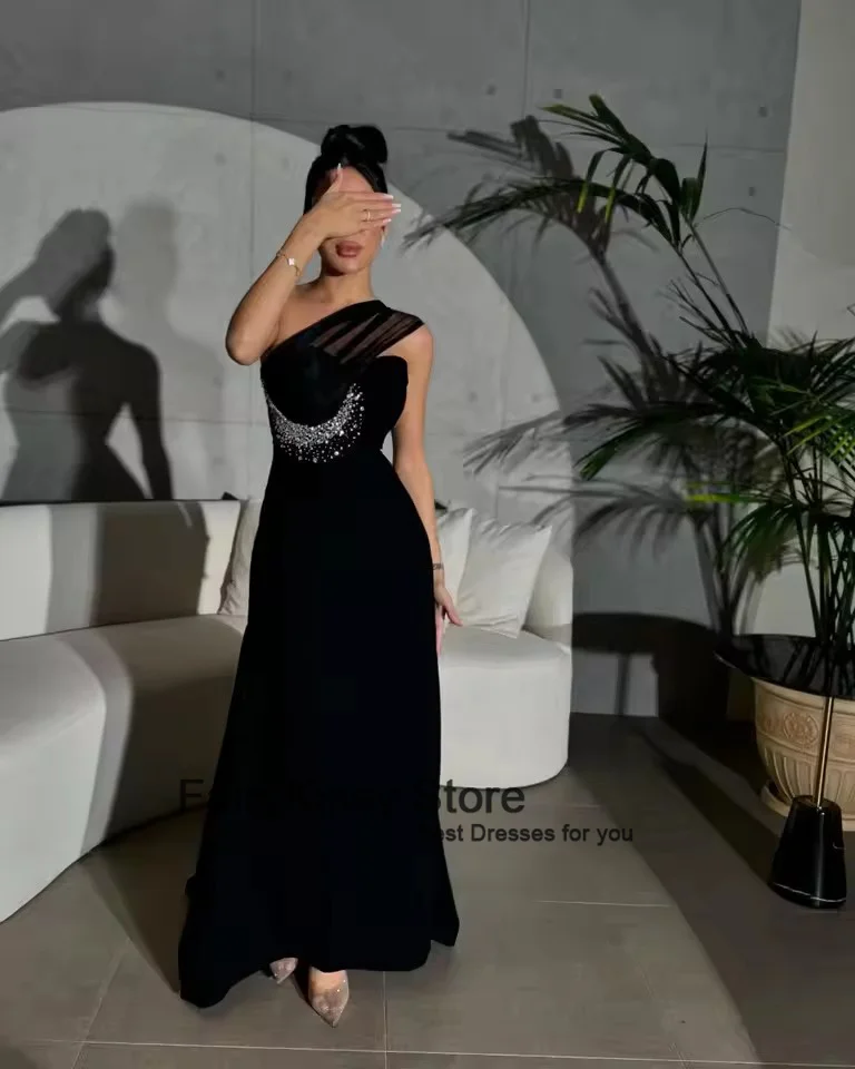 FairyKissy Elegantes Saudi-Arabien One-Shoulder-Abschlussballkleid in Schwarz mit Perlen, Party-Abendkleid, bodenlang, Kleider für besondere Anlässe
