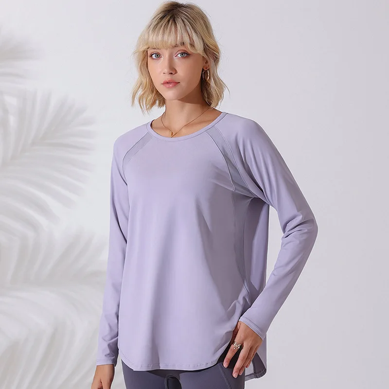 Women Loose Thin Yoga Shirts Long Sleeve Sport T-shirt Forked Running Sweatshirts Mesh Hollow Out Gym Fitness Tops Blouse Female