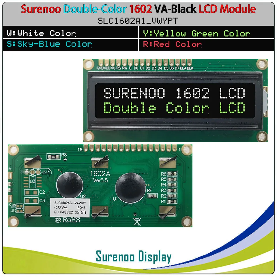 Surenoo Double Dual Color 1602 162 16X2 16*2 VA Black Negative Character LCD Module Display Screen Panel LCM English & Japanese