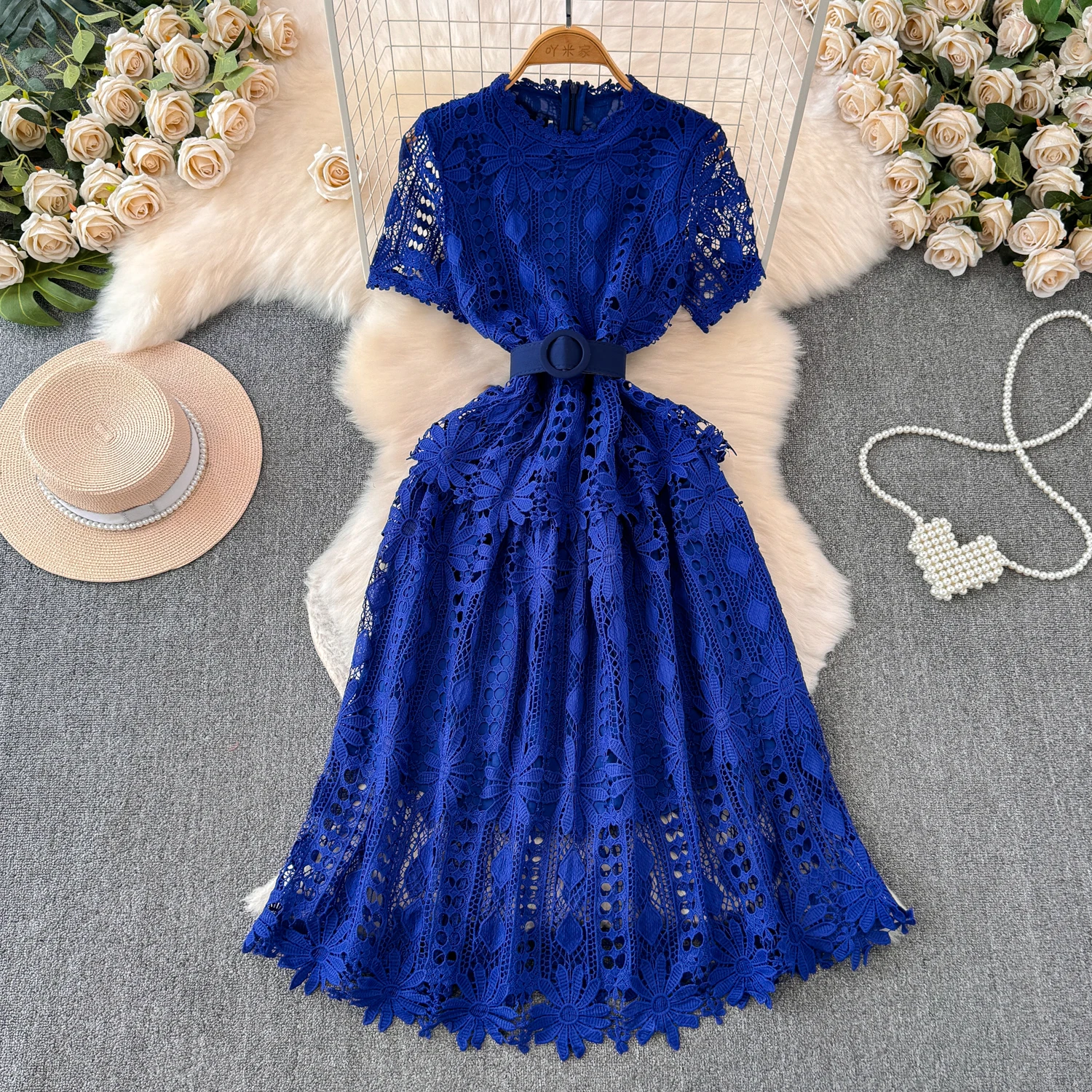 Vestido vintage de malha em camadas feminino, flor de gancho, longo, oco, linha A, vestidos de renda, verão, novo