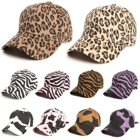 New cartoon cow print curved brim baseball cap leopard print hard top visor hat for men and women sunshade hat trend
