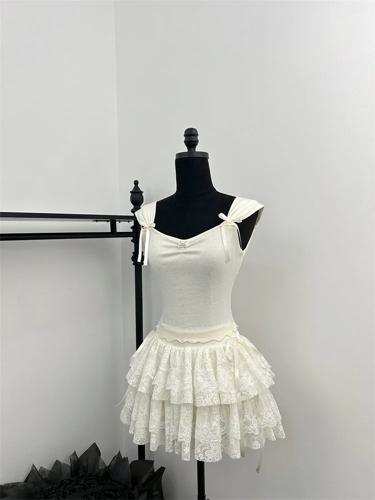 Conjunto de 2 piezas formado por Top sin mangas y minifalda de encaje, Traje de Ballet, estilo Mori Girl, año 2000