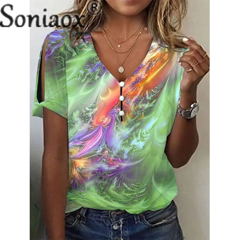 Fashion Tie-dye V Neck Splicing Button T-Shirt Women's Sweet Style Straight Tops Female 2023 Summer Casual Short Sleeve Tees 5XL