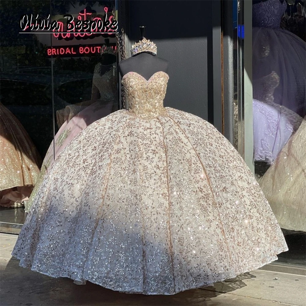 

Luxury Champagne Sweetheart Quinceanera Dresses Glitter Beadings Ball Gown With Bow Ruffles Birthday Party Gowns For Sweet 16