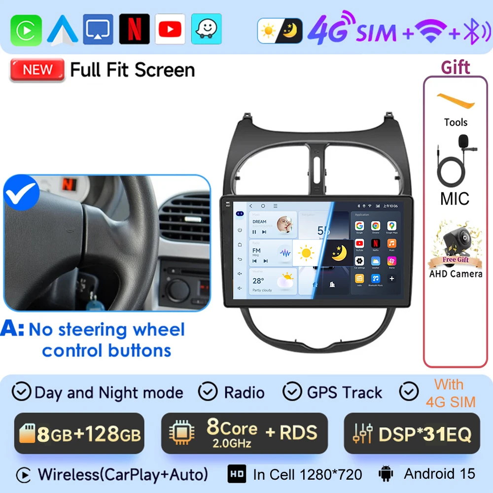 JIUYIN 9“ autoradio voor Peugeot 206 206CC 206SW 2000-2008 Android15 multimedia met CarPlay auto video speler stereo GPS scherm