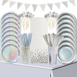Silver Disposable Tableware Set Silver Color Plates Cups Straw Tablecloths Adult Birthday Party Decorations Wedding Supplies