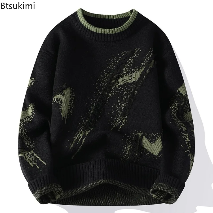 2025 Autumn and Winter Men's Contrast Color Sweater Tassel Hole Round Neck Knitted Warm Sweaters Casual Fashion Pullover Tops