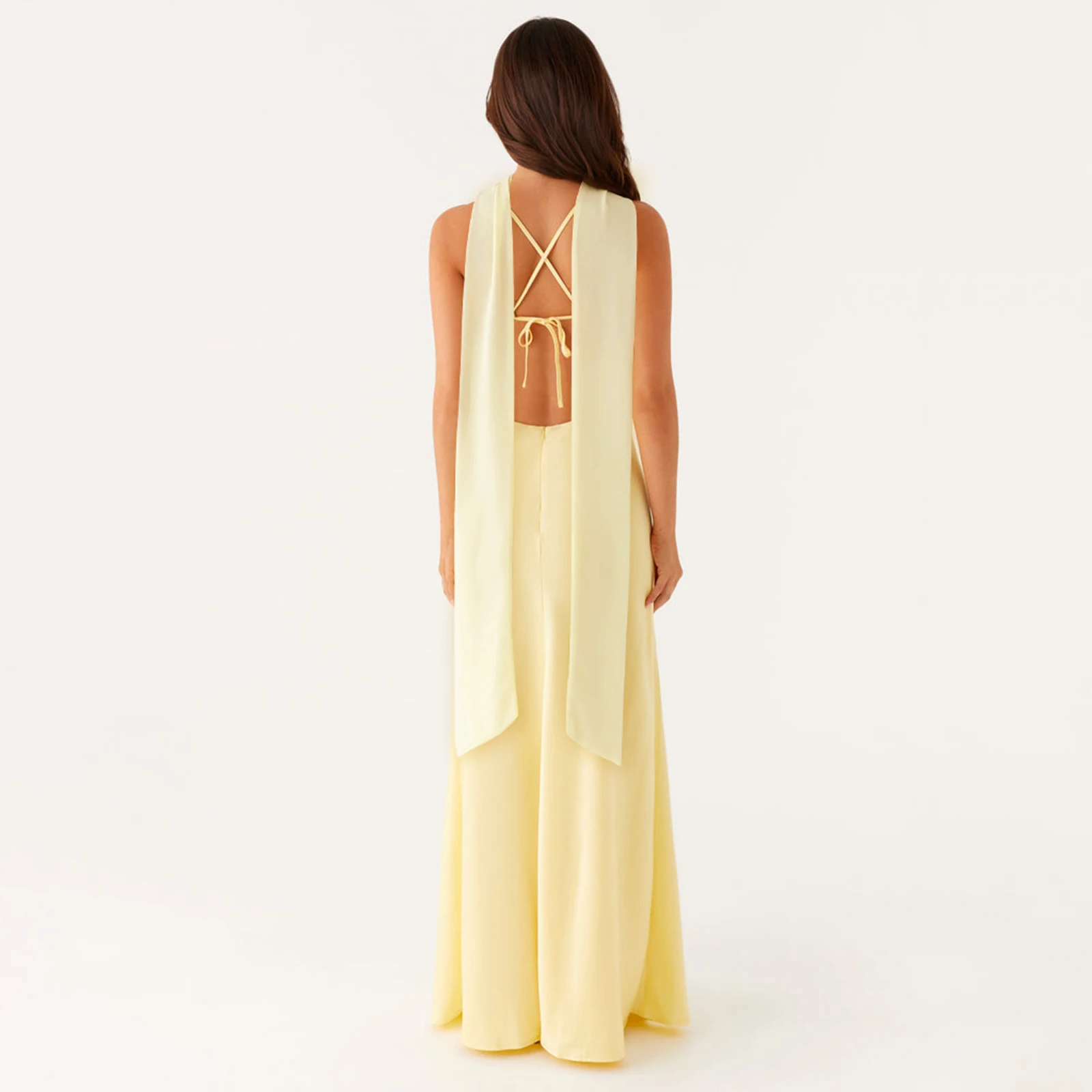 Women Long Dress Solid Color Cami Dress Summer Fashion Sleeveless Spaghetti Strap Dress