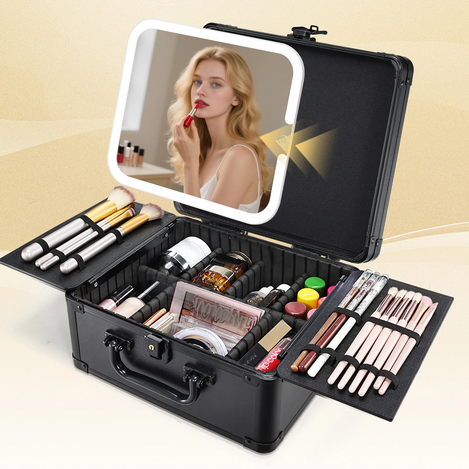 

Cosmetic Case with 3 Colors LED Mirror Portable Make up Suitcase with Magnetic Lighted Mirror with Key Dividers Brush Holder