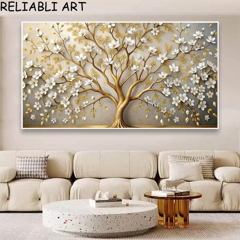 Light Luxury White Flower Rich Tree Poster and Prints Canvas Painting Wall Art Pictures For Living Room Home Decor No Frame